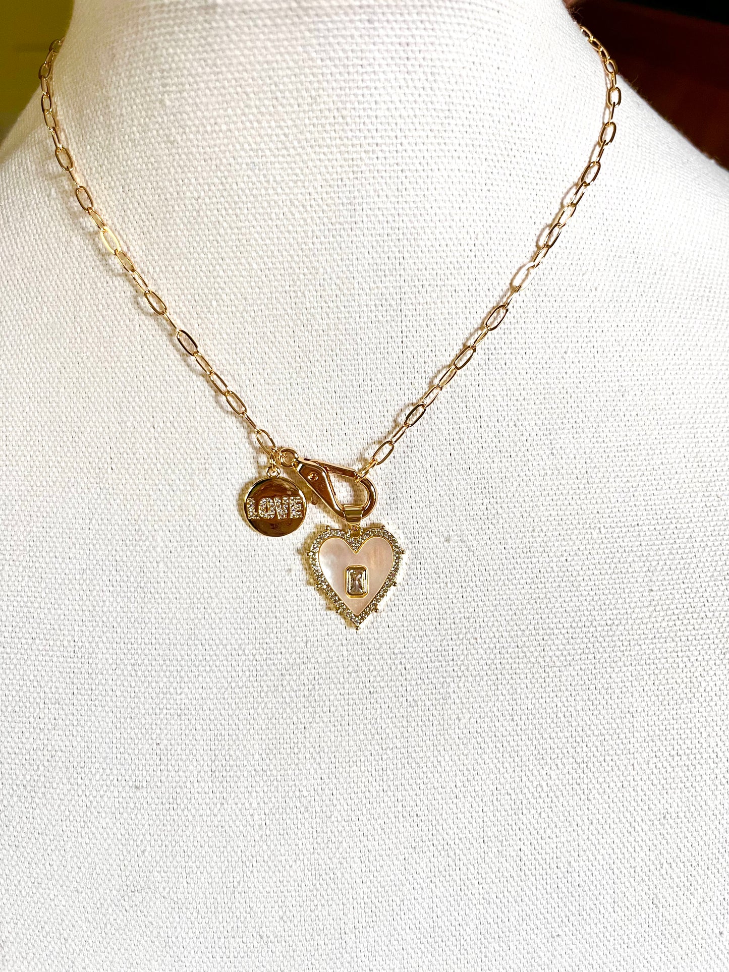 Mother of Pearl Heart Pendant Necklace with Love Charm