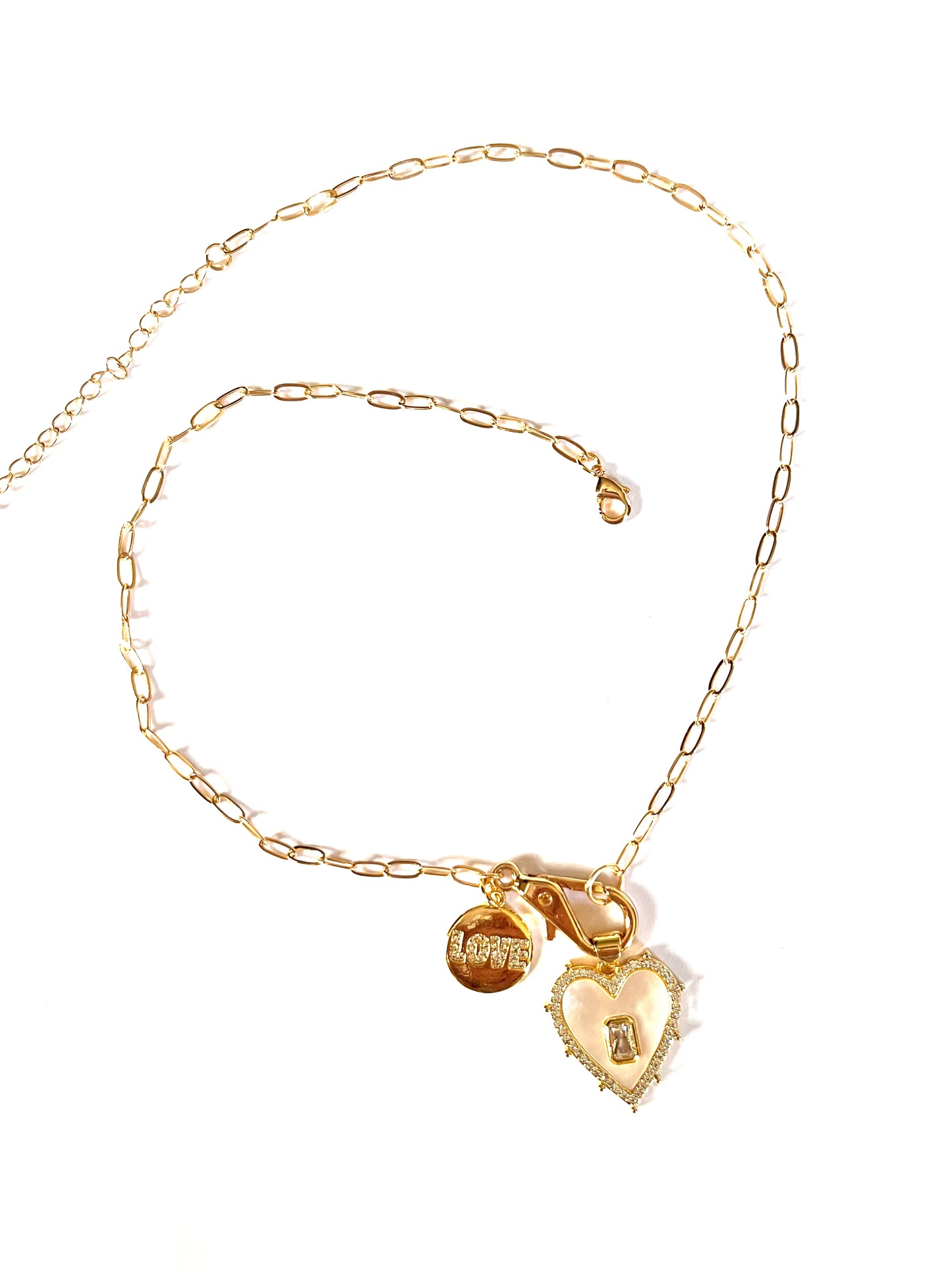 Mother of Pearl Heart Pendant Necklace with Love Charm