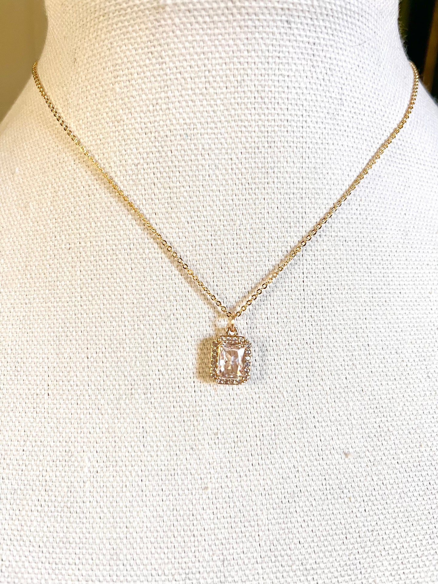 Emerald Cut Diamond and Pave. Pendant on Dainty Chain